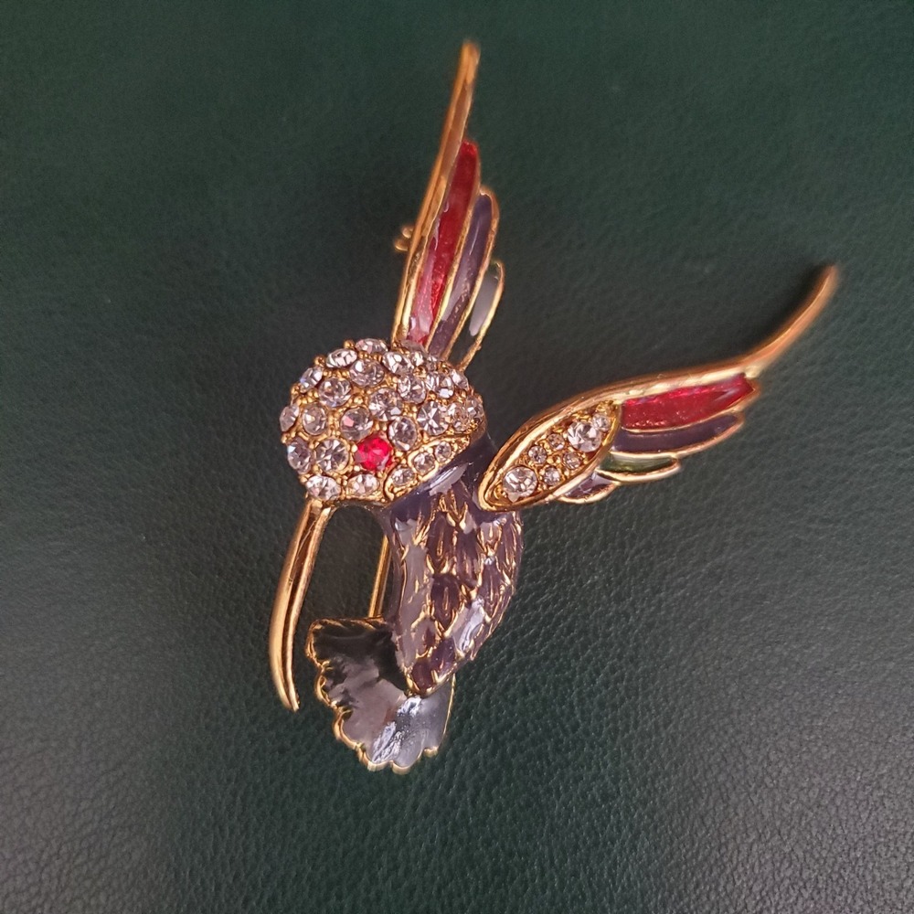Vintage Style Hummingbird‎ Brooch Rhinestone Enamel Gold Tone Bird Pin Jewelry